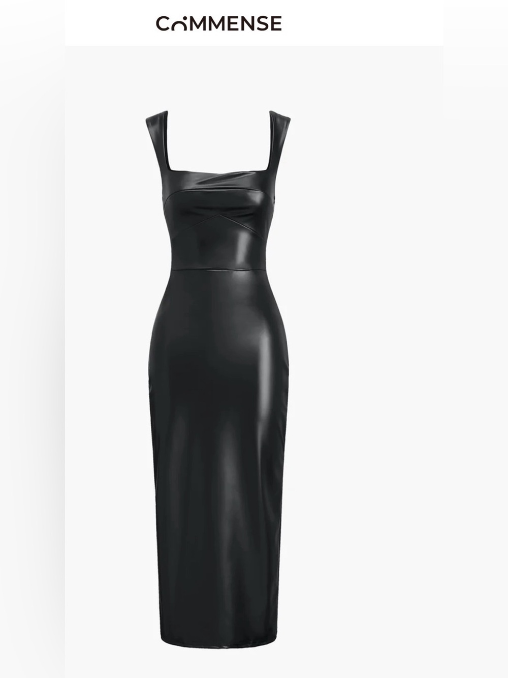 COMMENSE Black Faux Leather Bodycon Midi Dress